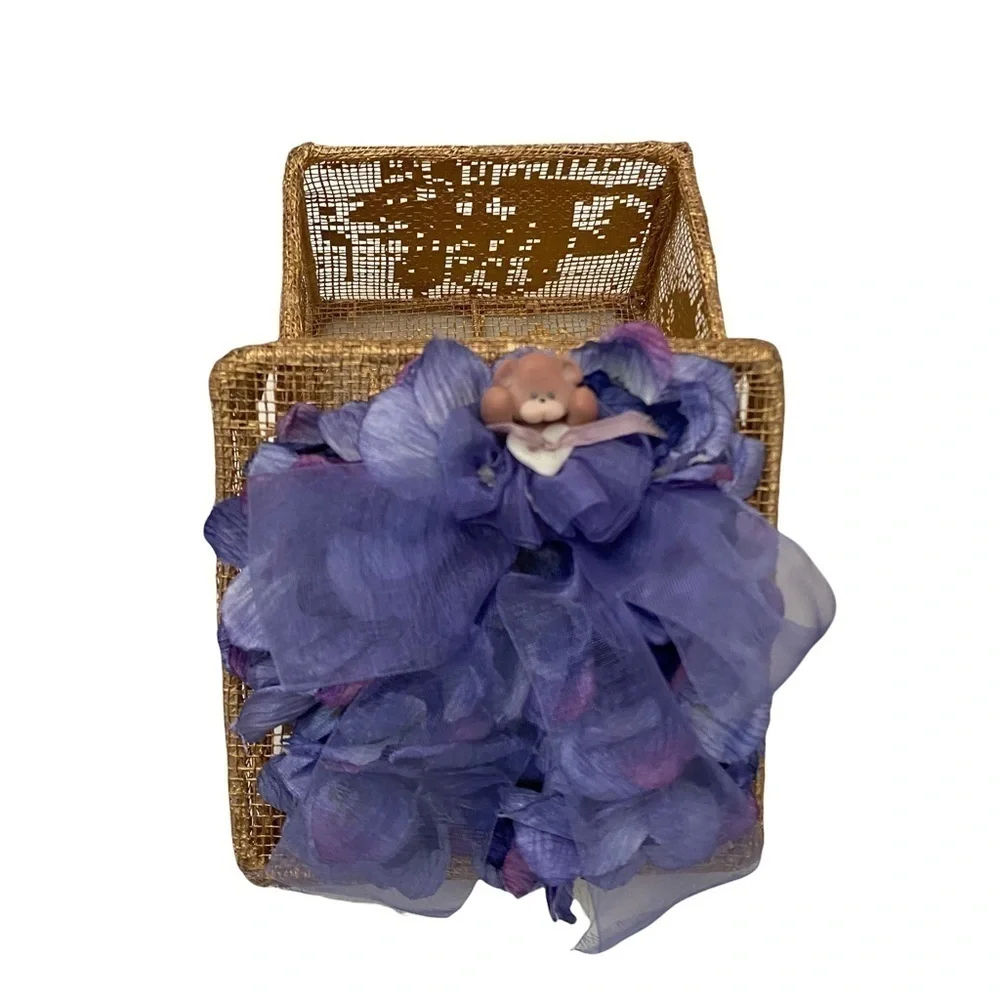 Treasure Trinket Gold Mesh Box with Lid Purple Floral 4x4x2.75